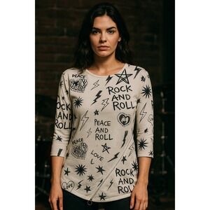 Cubism Rock‎ & Roll Graphic Top Women's XL White Black Asymmetrical Zip Pullover